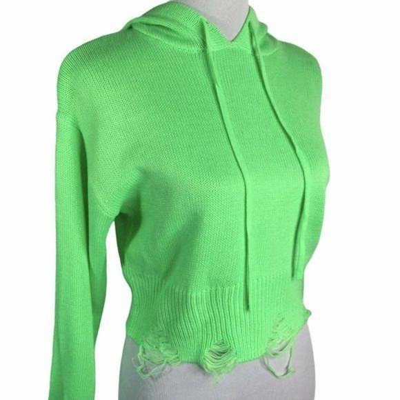 Wild Honey Neon Green Distressed Sweater Hoodie - Picture 4 of 11